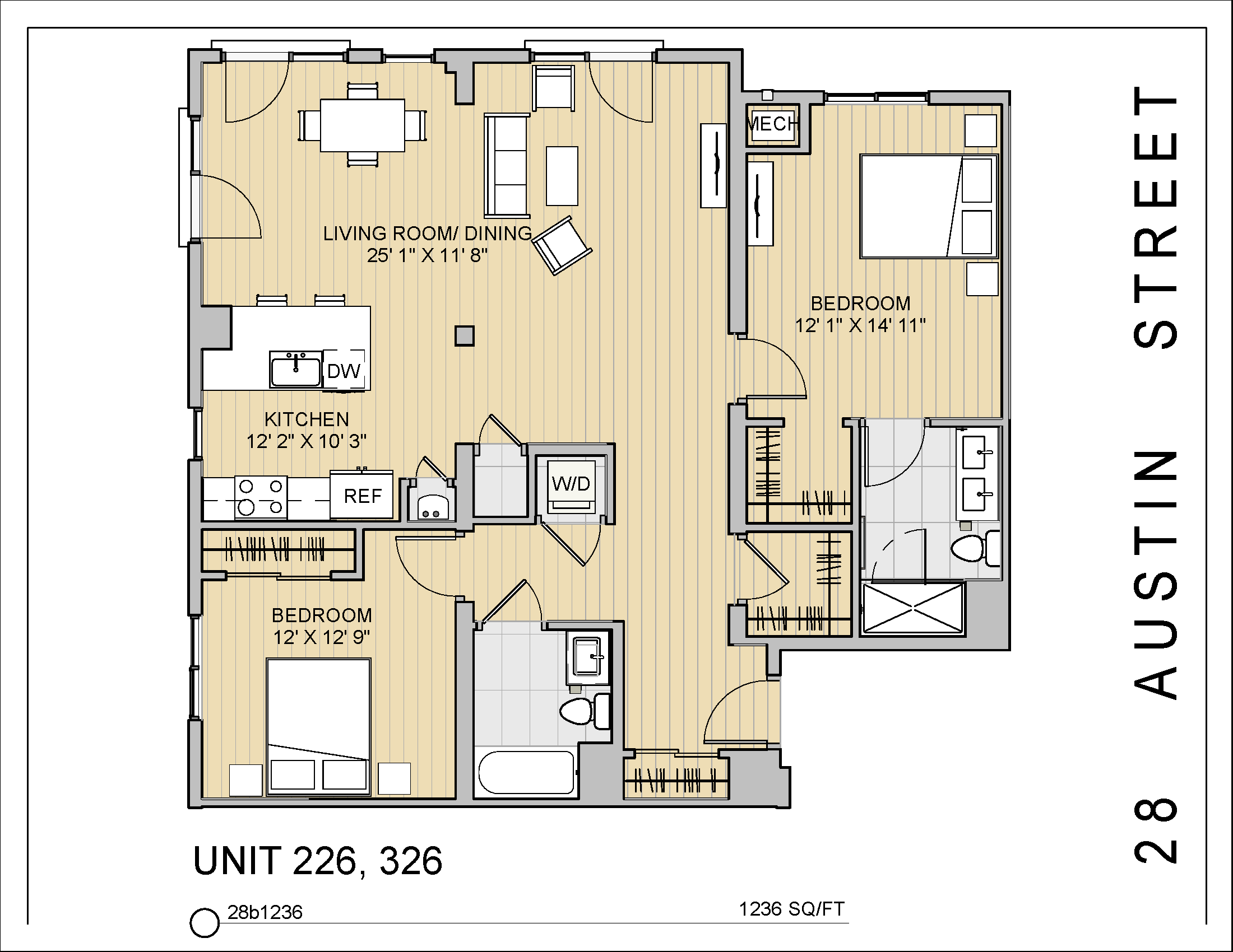 Floor plan for 2 beds, 2 baths, 1236 sqft